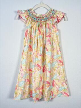 Girl's Le' Za Me Smocked Pastel Paisley Print Ruffle Flutter Sleeve Dress